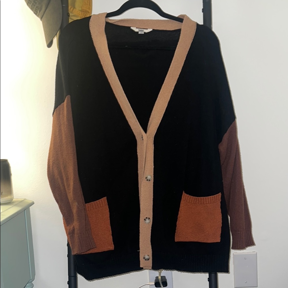 Terra & Sky Black Cardigan with Tan Trim